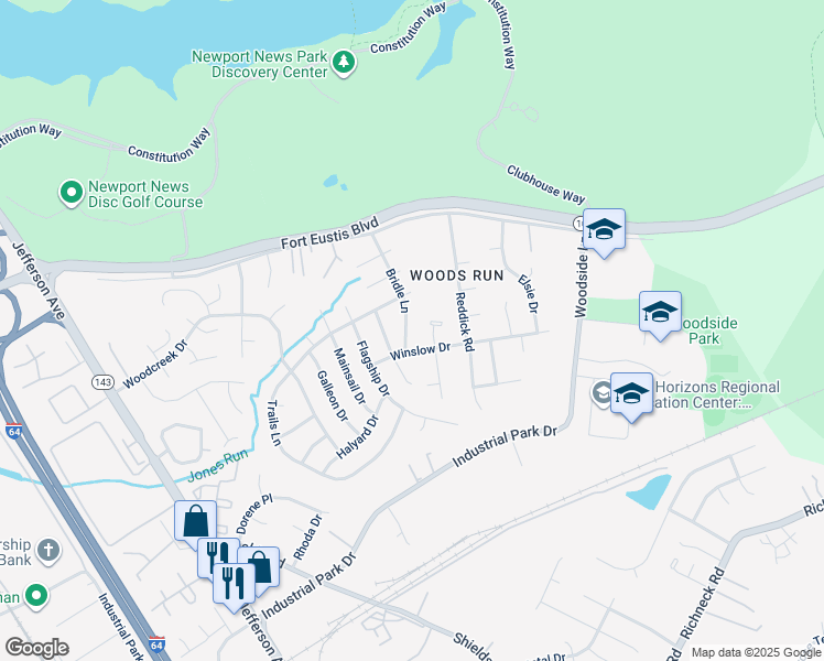 map of restaurants, bars, coffee shops, grocery stores, and more near 106 Bridle Lane in Newport News