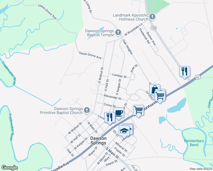map of restaurants, bars, coffee shops, grocery stores, and more near 599 E Hall St in Dawson Springs