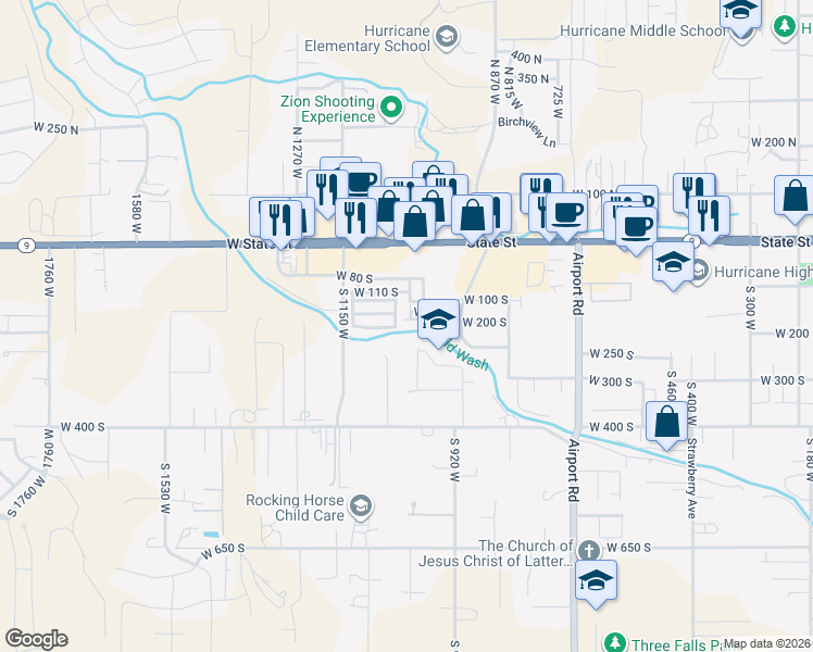 map of restaurants, bars, coffee shops, grocery stores, and more near 1067 West 200 South in Hurricane