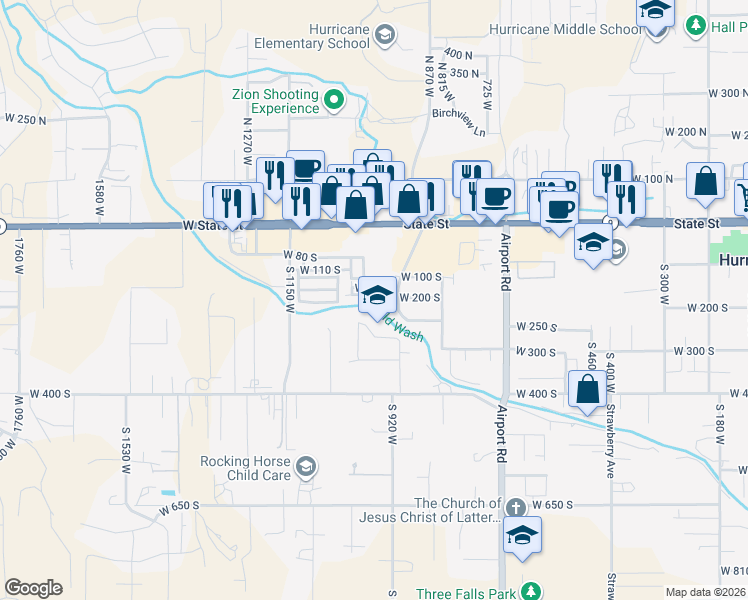 map of restaurants, bars, coffee shops, grocery stores, and more near 975 West 200 South in Hurricane