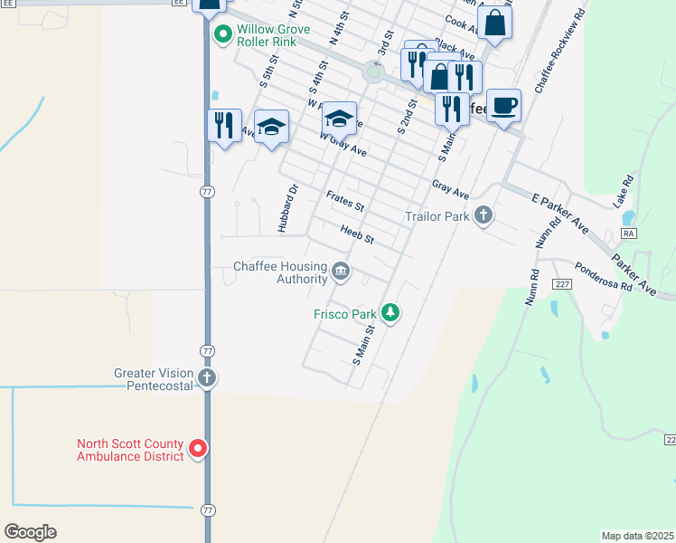 map of restaurants, bars, coffee shops, grocery stores, and more near 201 Easy Street in Chaffee