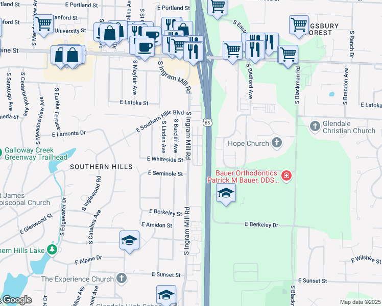 map of restaurants, bars, coffee shops, grocery stores, and more near 2120 South Ingram Mill Road in Springfield