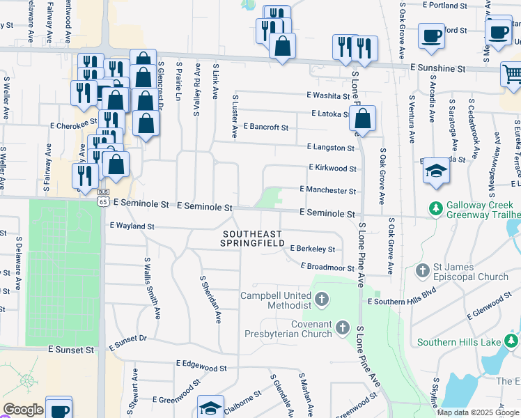 map of restaurants, bars, coffee shops, grocery stores, and more near 2141 South Glendale Avenue in Springfield