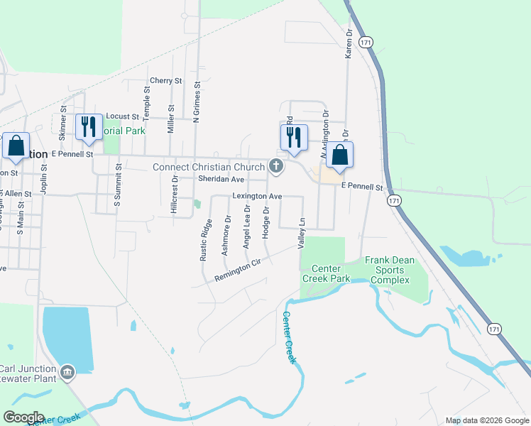 map of restaurants, bars, coffee shops, grocery stores, and more near 301 Angel Lea Drive in Carl Junction