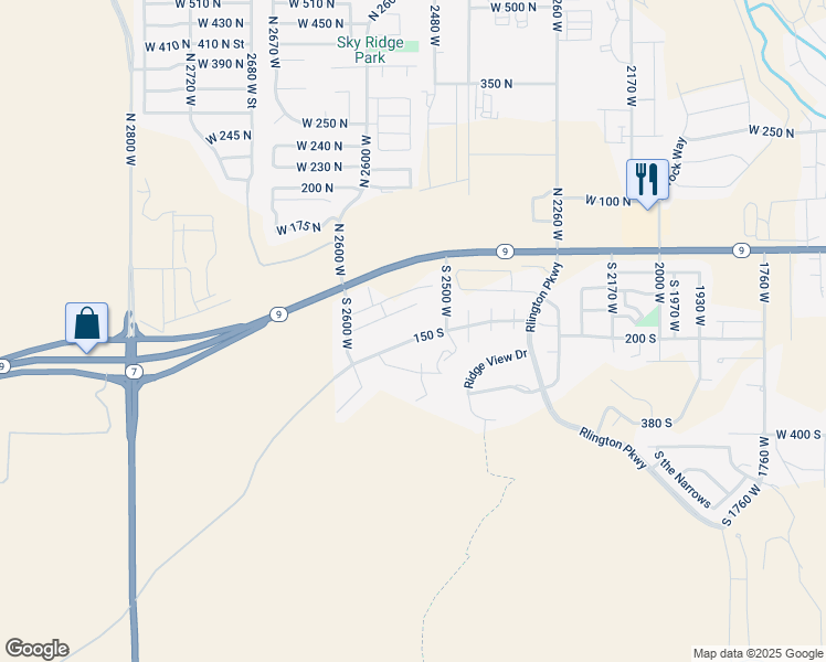 map of restaurants, bars, coffee shops, grocery stores, and more near 2540 West 150 South in Hurricane