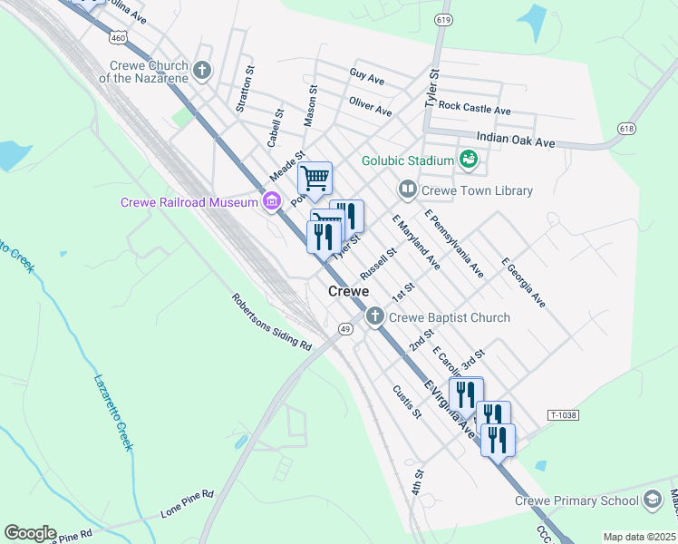 map of restaurants, bars, coffee shops, grocery stores, and more near 207 East Virginia Avenue in Crewe