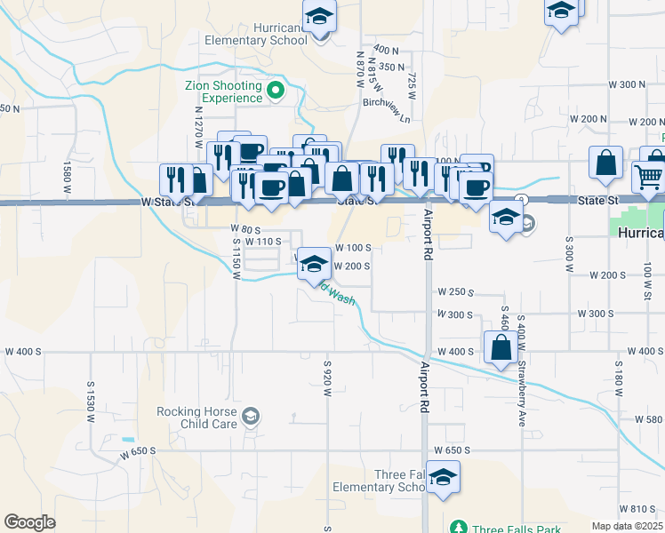 map of restaurants, bars, coffee shops, grocery stores, and more near 199 South 850 West in Hurricane