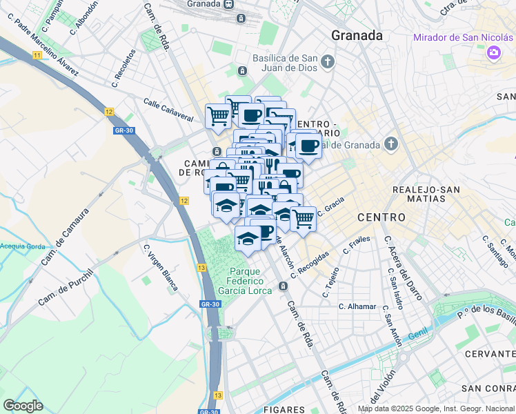 map of restaurants, bars, coffee shops, grocery stores, and more near 53 Calle Pedro Antonio de Alarcón in Granada