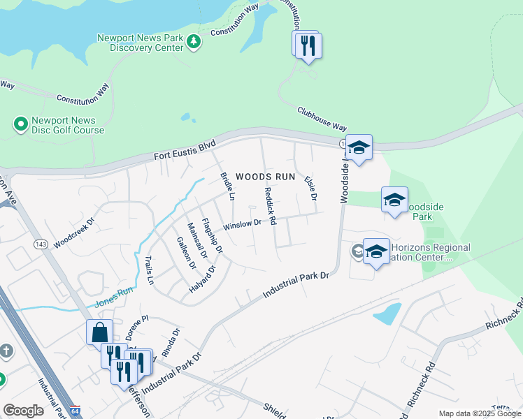 map of restaurants, bars, coffee shops, grocery stores, and more near 506 Lanelle Place in Newport News