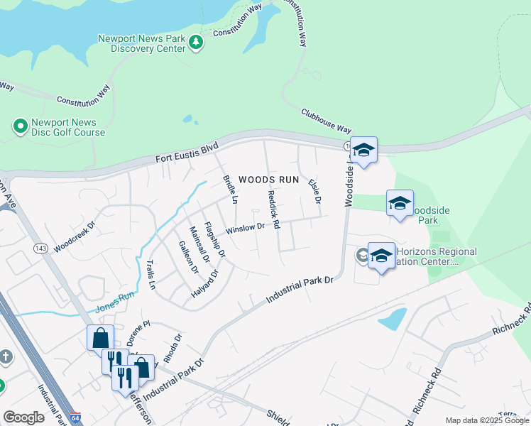 map of restaurants, bars, coffee shops, grocery stores, and more near 506 Lanelle Place in Newport News