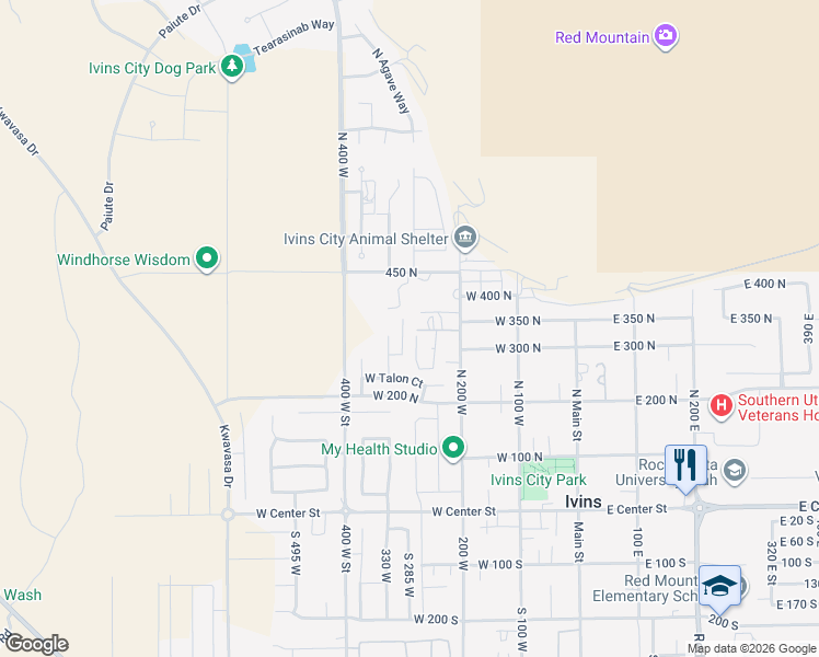 map of restaurants, bars, coffee shops, grocery stores, and more near 328 Harrier Lane in Ivins