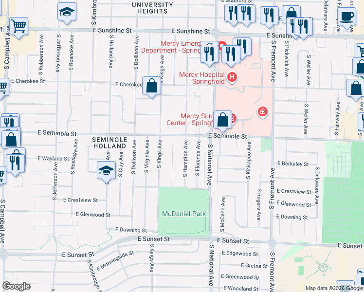 map of restaurants, bars, coffee shops, grocery stores, and more near 1106 East Seminole Street in Springfield