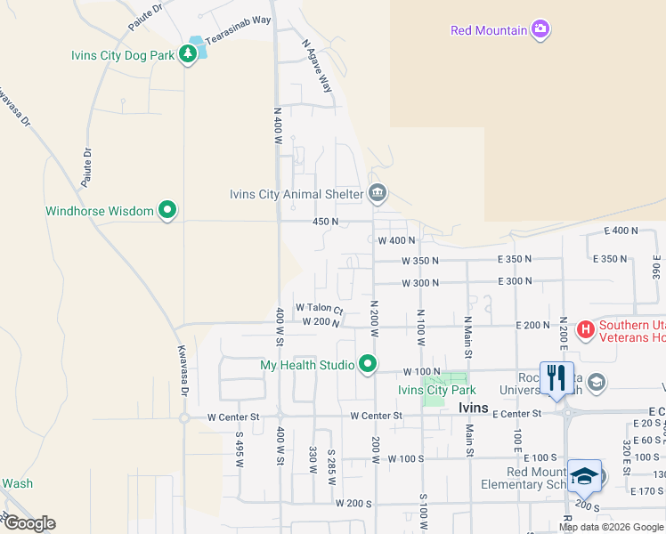 map of restaurants, bars, coffee shops, grocery stores, and more near 328 Harrier Lane in Ivins