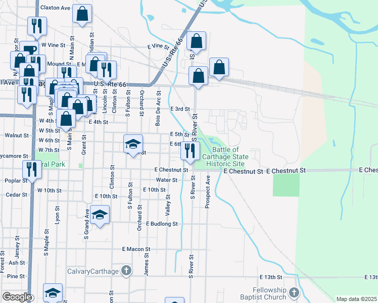 map of restaurants, bars, coffee shops, grocery stores, and more near 609 South River Street in Carthage
