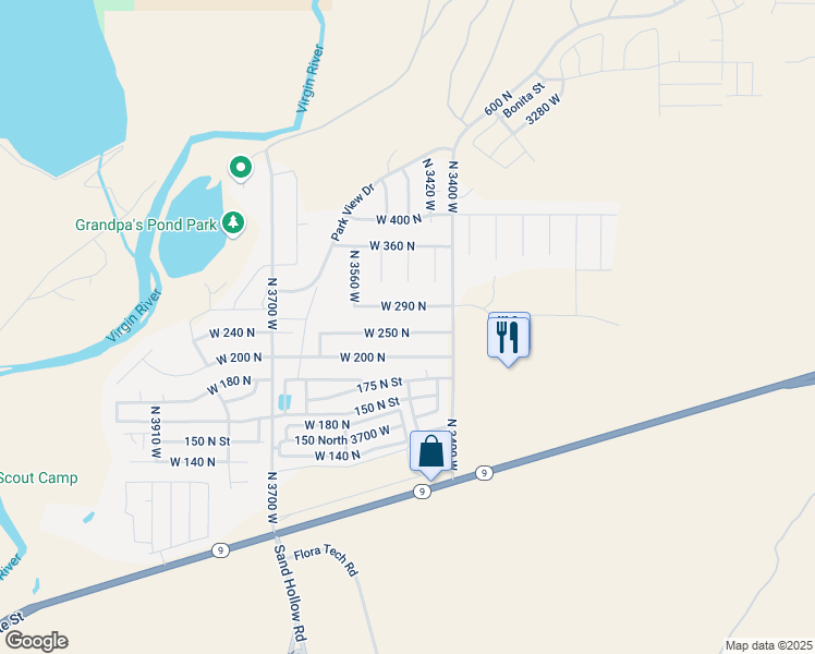 map of restaurants, bars, coffee shops, grocery stores, and more near 3449 West 290 North in Hurricane
