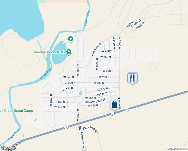 map of restaurants, bars, coffee shops, grocery stores, and more near 3570 West 250 North in Hurricane