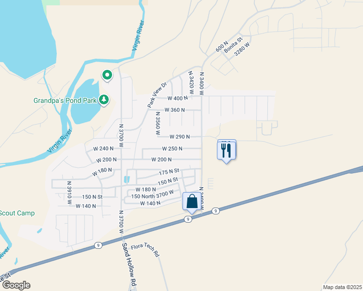 map of restaurants, bars, coffee shops, grocery stores, and more near 3460 West 250 North in Hurricane