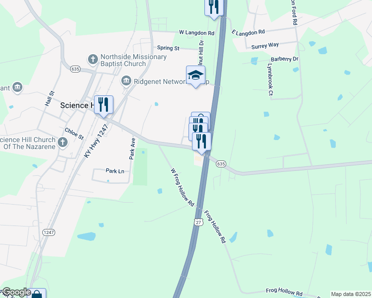 map of restaurants, bars, coffee shops, grocery stores, and more near 110 State Highway 635 in Science Hill