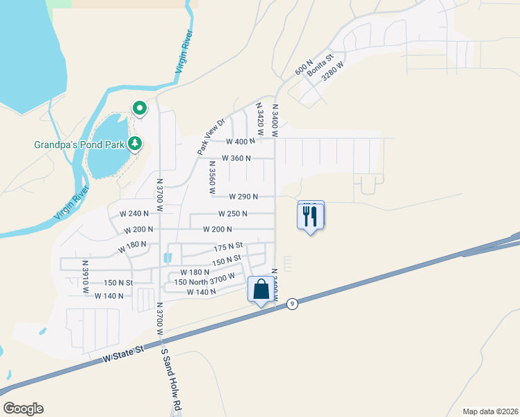 map of restaurants, bars, coffee shops, grocery stores, and more near 3424 West 250 North in Hurricane