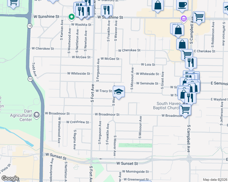 map of restaurants, bars, coffee shops, grocery stores, and more near 2261 S Weaver Ave in Springfield