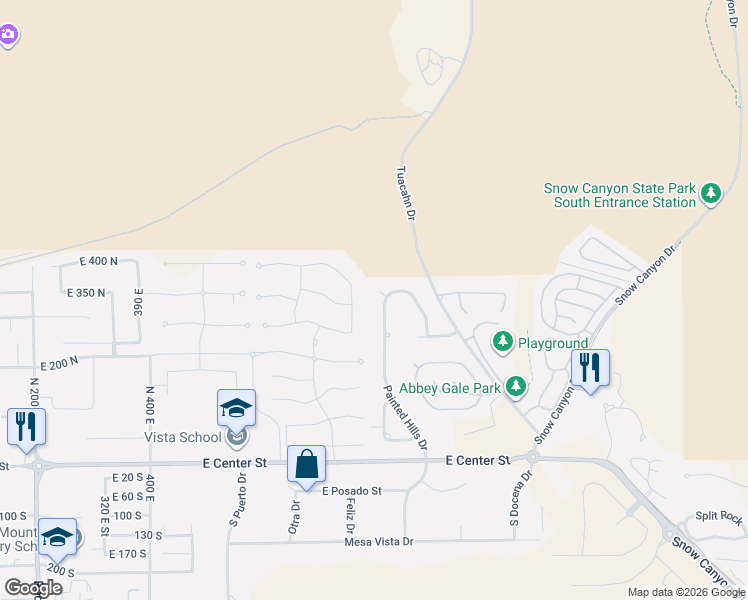 map of restaurants, bars, coffee shops, grocery stores, and more near 344 North Turtle Point Drive in Ivins