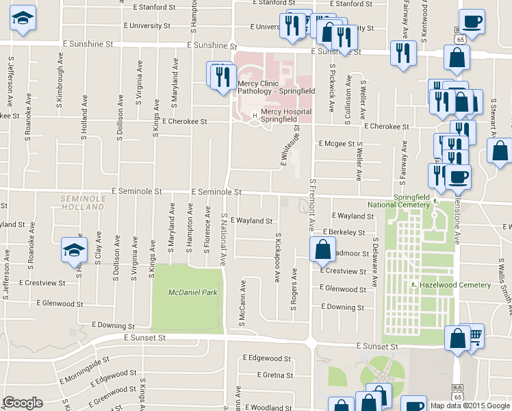 map of restaurants, bars, coffee shops, grocery stores, and more near 2219 South Prospect Court in Springfield