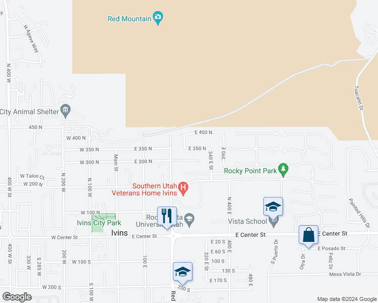 map of restaurants, bars, coffee shops, grocery stores, and more near 266 East 350 North in Ivins