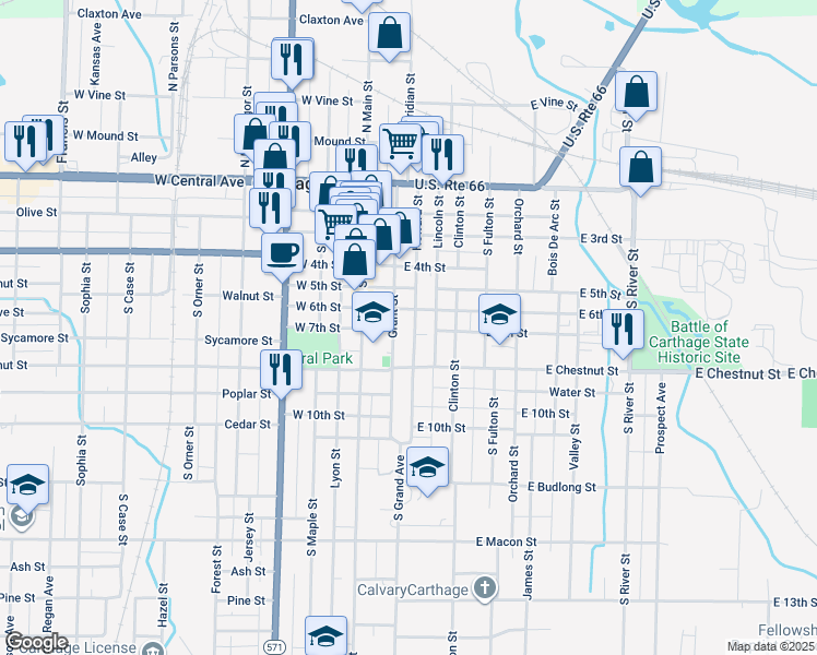 map of restaurants, bars, coffee shops, grocery stores, and more near 600 Grant Street in Carthage