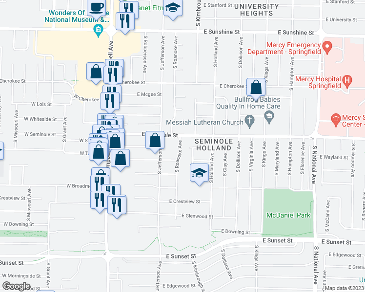 map of restaurants, bars, coffee shops, grocery stores, and more near 2224 South Roanoke Avenue in Springfield