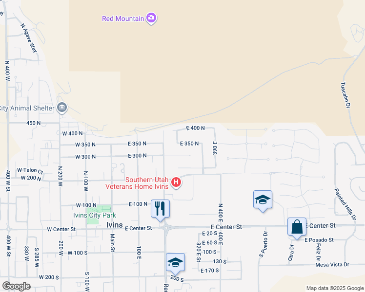 map of restaurants, bars, coffee shops, grocery stores, and more near 266 East 350 North in Ivins