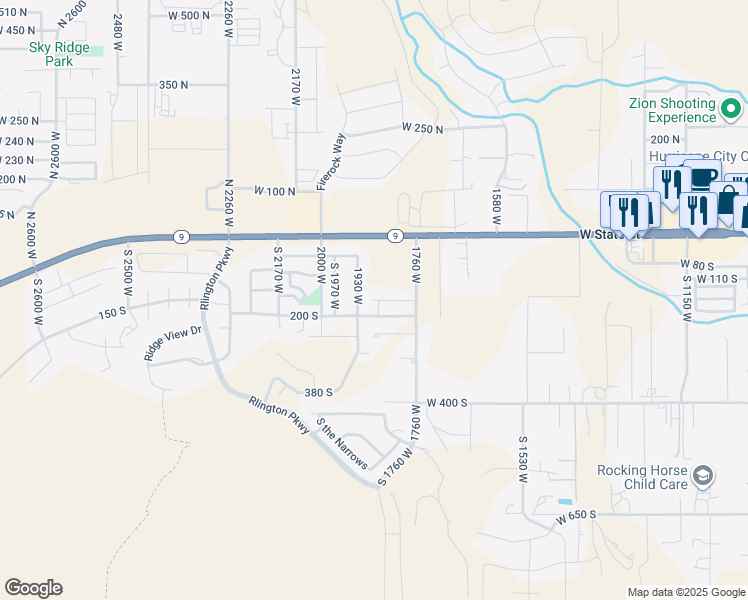 map of restaurants, bars, coffee shops, grocery stores, and more near 2513 West 150 South in Hurricane