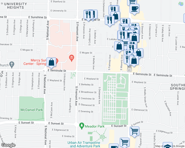 map of restaurants, bars, coffee shops, grocery stores, and more near 1502 East Seminole Street in Springfield