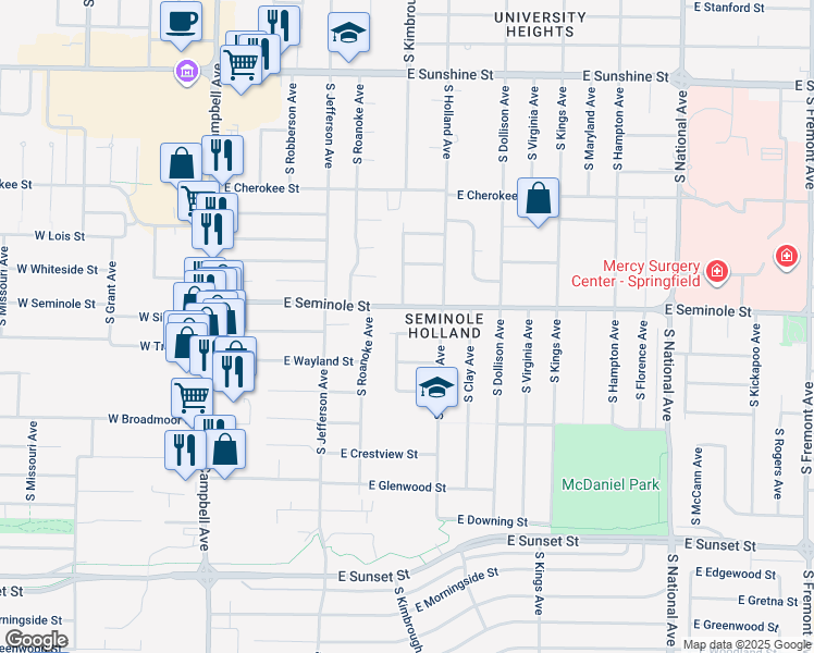 map of restaurants, bars, coffee shops, grocery stores, and more near 524 East Seminole Street in Springfield