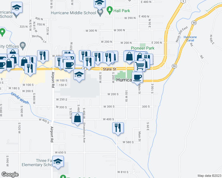 map of restaurants, bars, coffee shops, grocery stores, and more near 162 South 200 West in Hurricane