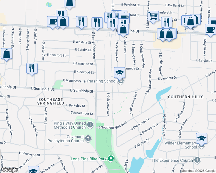map of restaurants, bars, coffee shops, grocery stores, and more near 2148 S Oak Grove Ave in Springfield