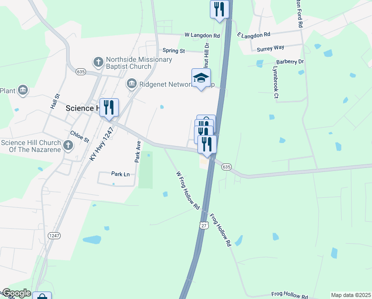 map of restaurants, bars, coffee shops, grocery stores, and more near 110 East Highway 635 in Science Hill