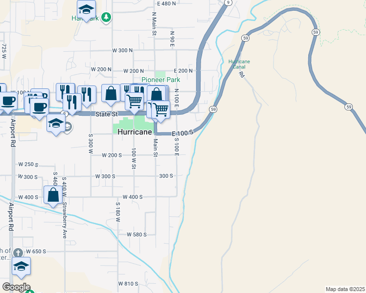 map of restaurants, bars, coffee shops, grocery stores, and more near 155 South 100 East in Hurricane
