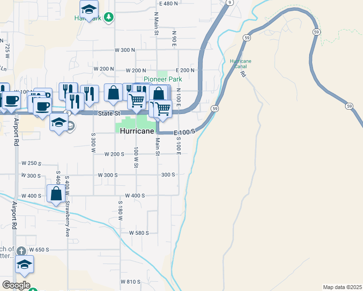 map of restaurants, bars, coffee shops, grocery stores, and more near 155 South 100 East in Hurricane