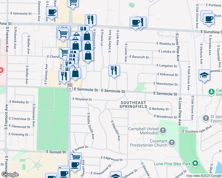 map of restaurants, bars, coffee shops, grocery stores, and more near 2154 South Valley Road Avenue in Springfield