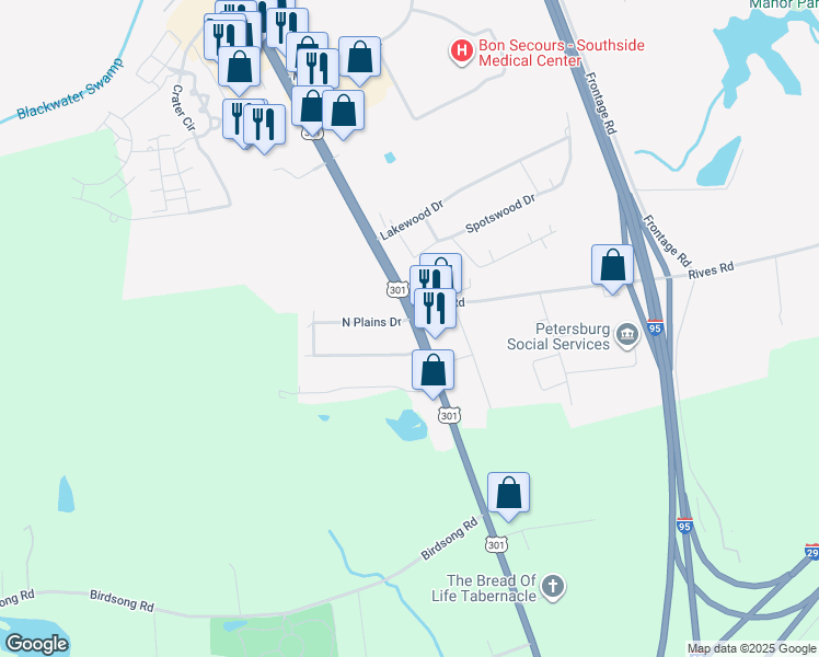 map of restaurants, bars, coffee shops, grocery stores, and more near 100 North Plains Drive in Petersburg