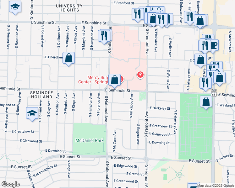 map of restaurants, bars, coffee shops, grocery stores, and more near 2210 S McCann Ave in Springfield