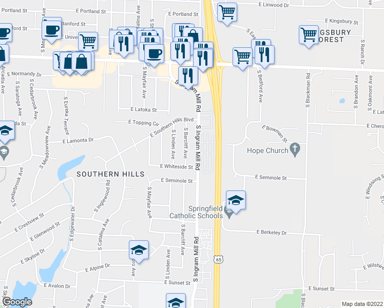 map of restaurants, bars, coffee shops, grocery stores, and more near 2116 South Barcliff Avenue in Springfield
