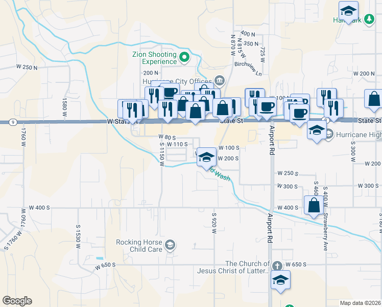 map of restaurants, bars, coffee shops, grocery stores, and more near 1044 West 180 South in Hurricane