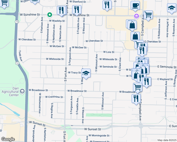 map of restaurants, bars, coffee shops, grocery stores, and more near 1005 West Tracy Street in Springfield