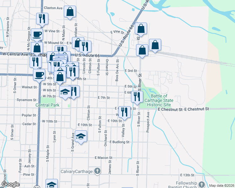 map of restaurants, bars, coffee shops, grocery stores, and more near 730 East 6th Street in Carthage