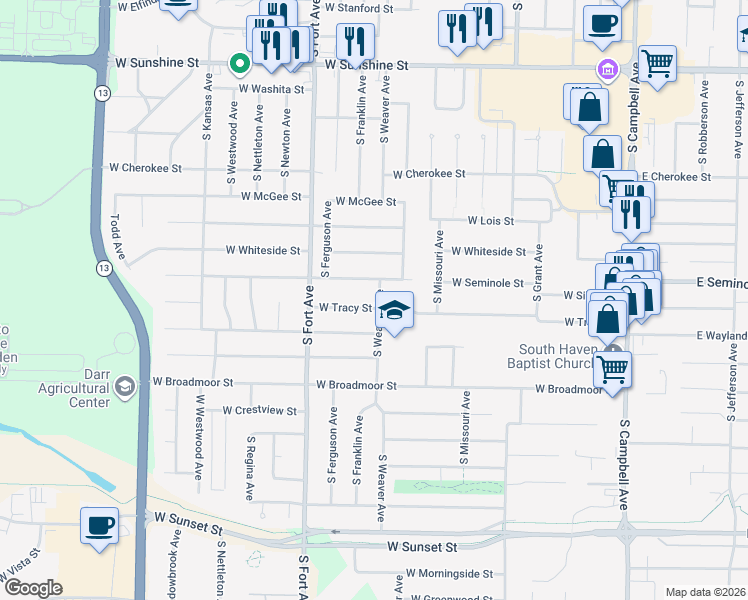 map of restaurants, bars, coffee shops, grocery stores, and more near 2201-2261 South Weaver Avenue in Springfield
