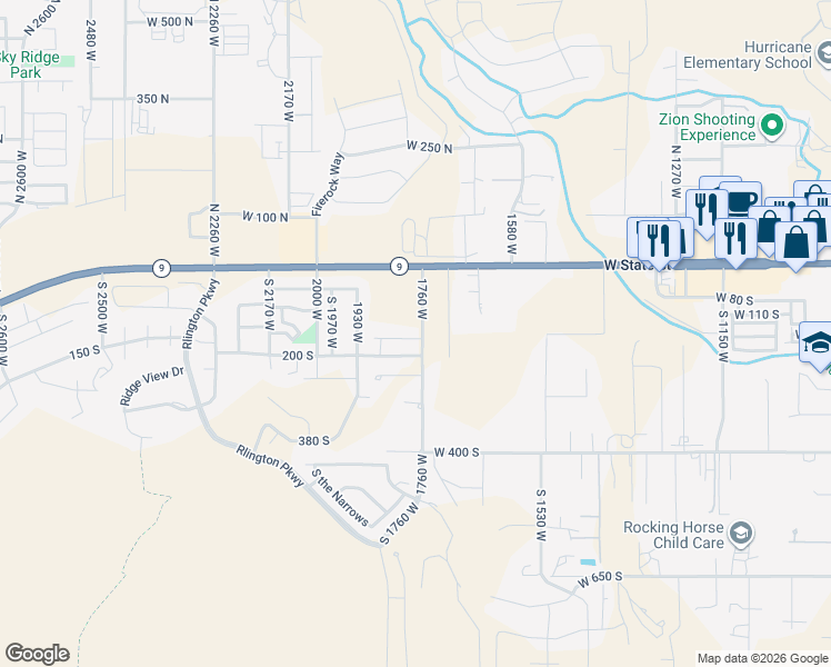 map of restaurants, bars, coffee shops, grocery stores, and more near 1772 West 150 South in Hurricane