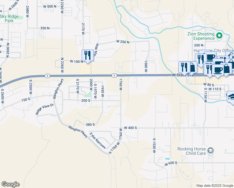 map of restaurants, bars, coffee shops, grocery stores, and more near 155 S 1760 W in Hurricane