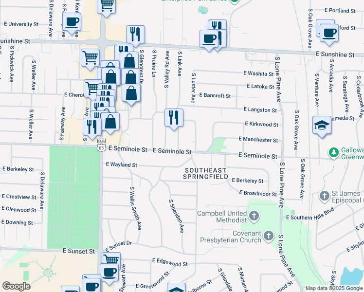 map of restaurants, bars, coffee shops, grocery stores, and more near 2162 South Link Avenue in Springfield