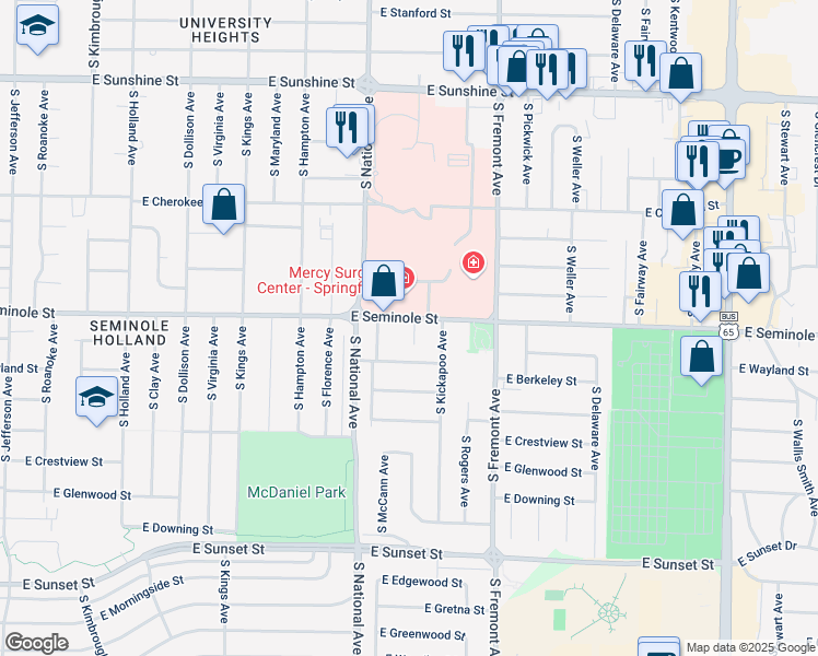 map of restaurants, bars, coffee shops, grocery stores, and more near 2202 South Prospect Court in Springfield